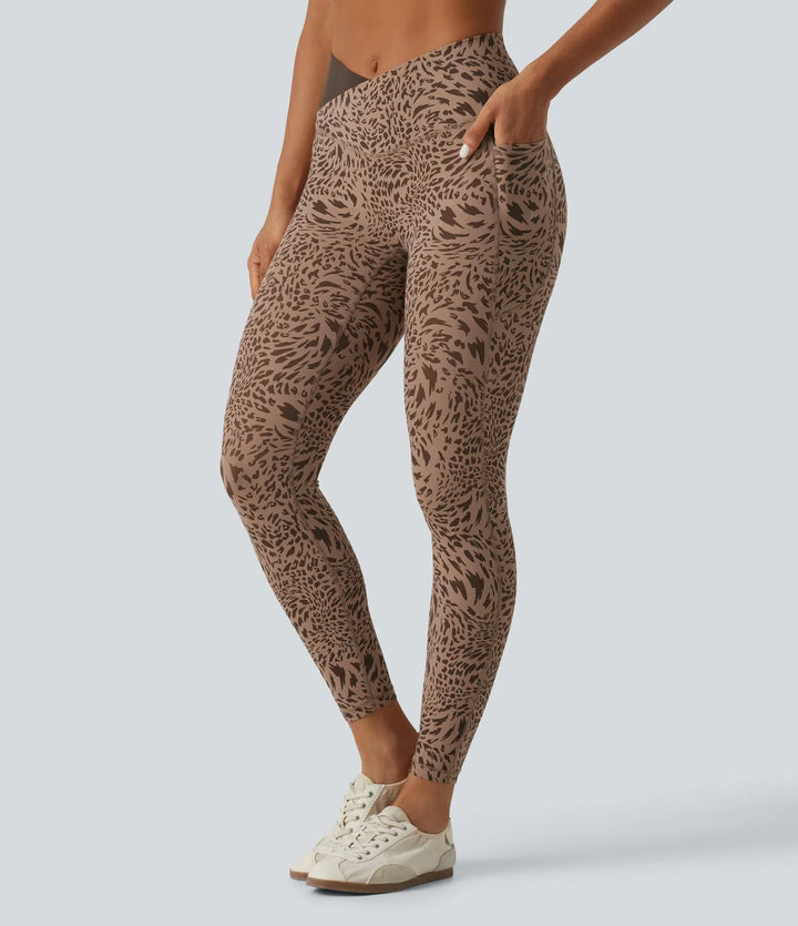 Halara UltraSculpt Leopard Print High Waisted Crossover Skinny Yoga Leggings with Pockets
