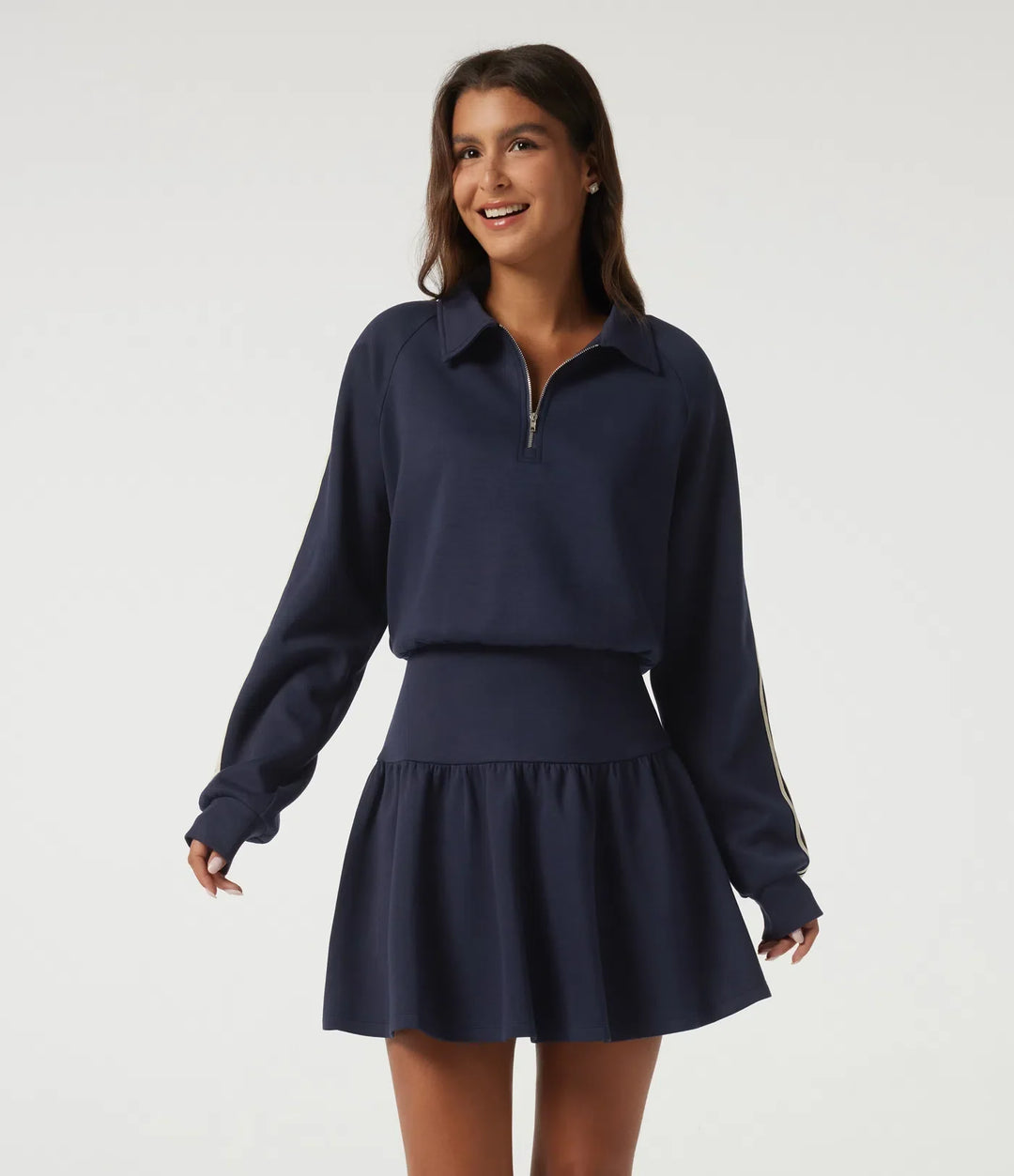 Lapel Long Sleeve Raglan Side Stripe Casual Mini Sweatshirt Dress