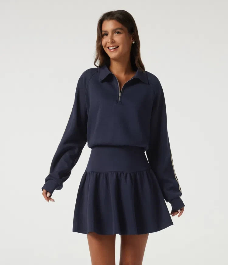 Lapel Long Sleeve Raglan Side Stripe Casual Mini Sweatshirt Dress