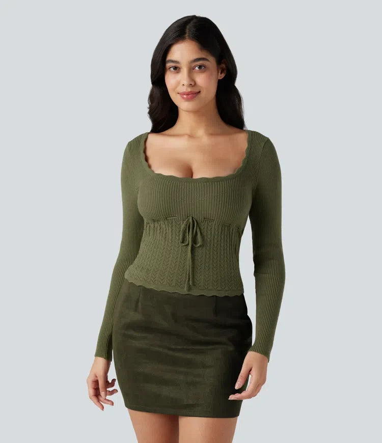 U-Neck Long Sleeve Scallop Trim Casual Jumper