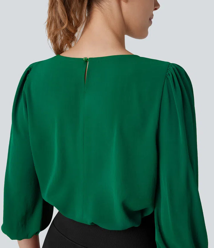 Boat Neck Keyhole Back Bishop Sleeve Work Linen-Feel Blouse