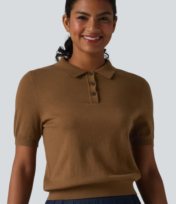 Polo Neck Short Sleeve Wool-Blend Casual Jumper