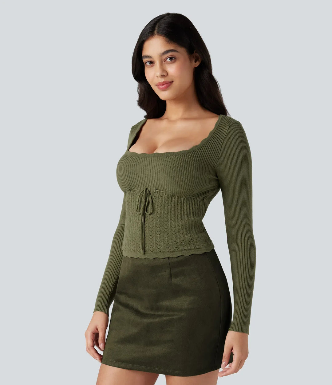 U-Neck Long Sleeve Scallop Trim Casual Jumper