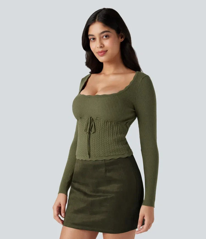 U-Neck Long Sleeve Scallop Trim Casual Jumper