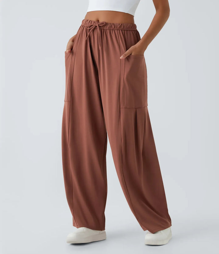 Mid Rise Elastic Waistband Drawstring Pocket Palazzo Flowy Wide Leg Baggy Casual Trousers