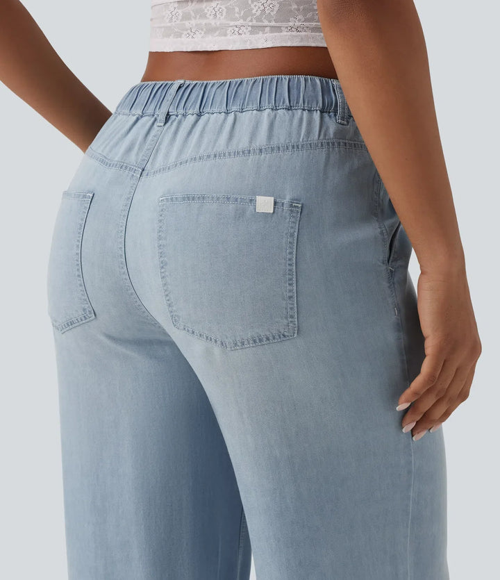 Mid Rise Drawstring Casual Jeans with Pockets