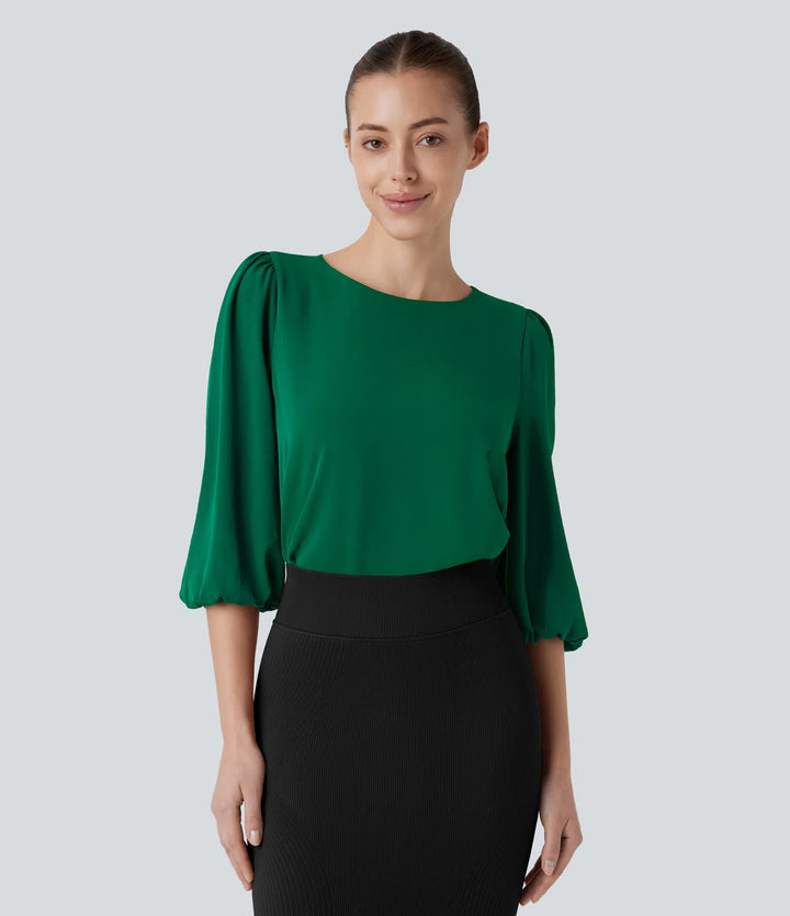 Boat Neck Keyhole Back Bishop Sleeve Work Linen-Feel Blouse