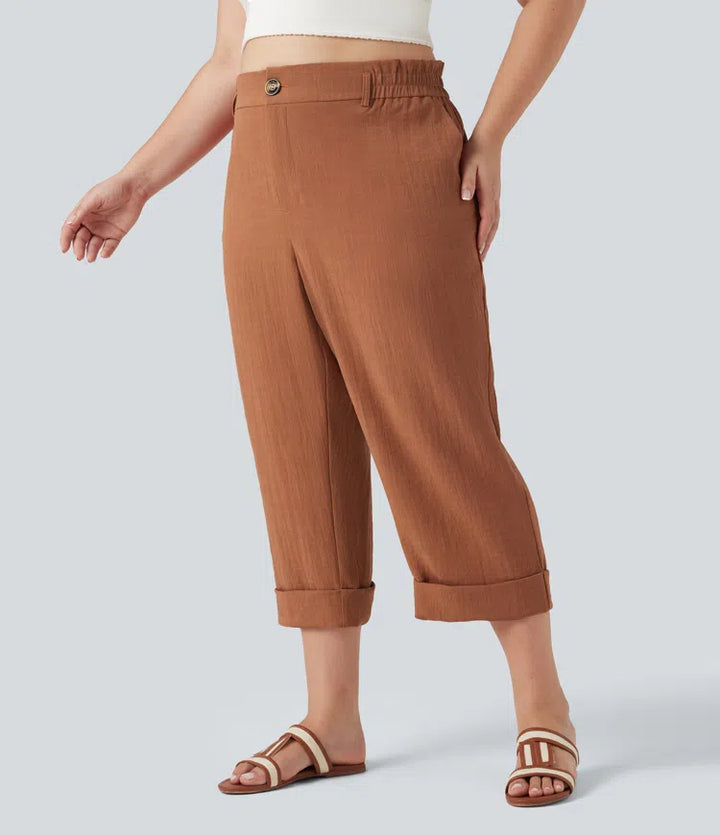 High Waisted Capri Linen-Feel Resort Plus Size Trousers with Pockets