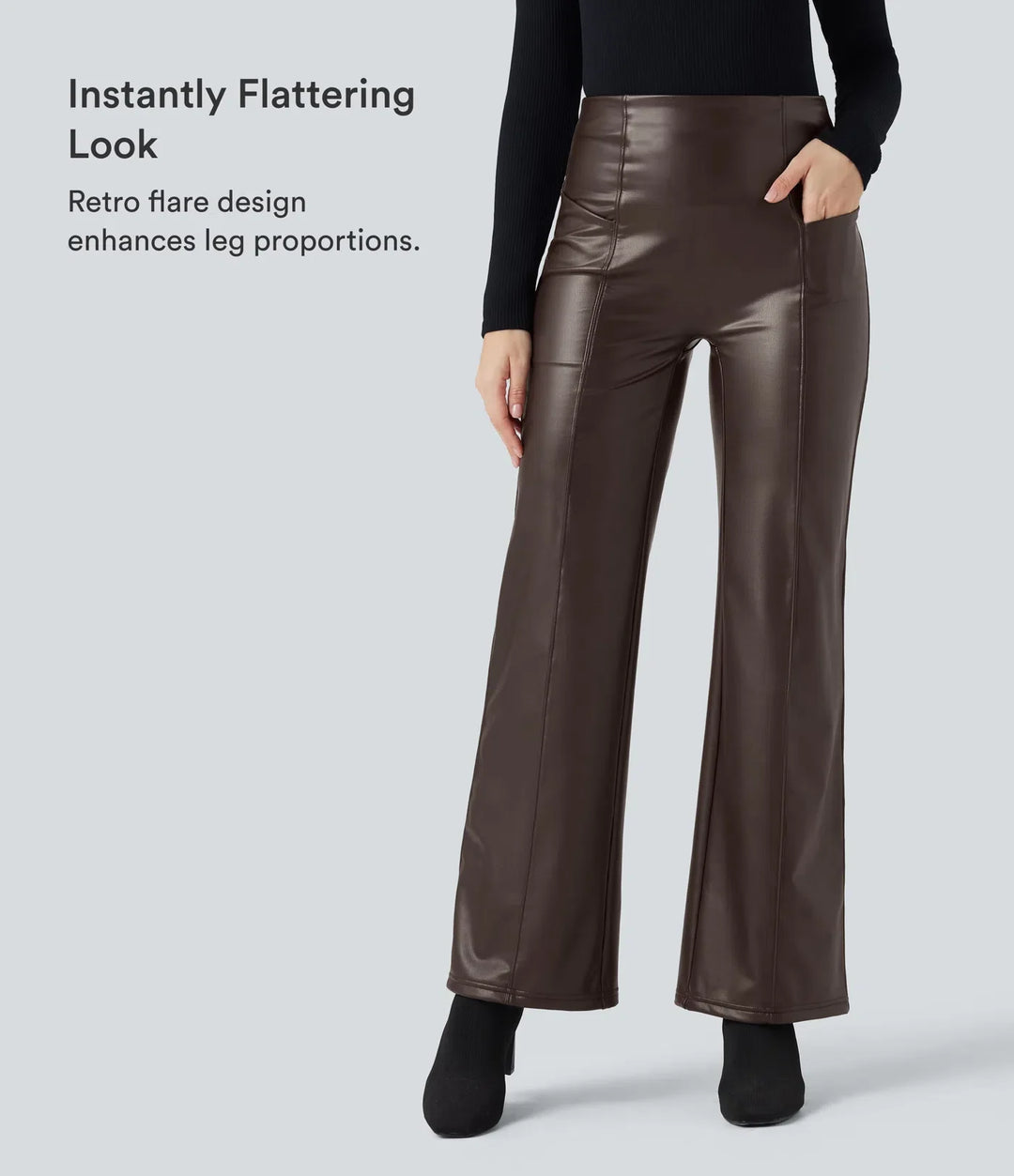High Waisted Tummy Control Stretchy PU Fleece Casual Flare Trousers with Pockets