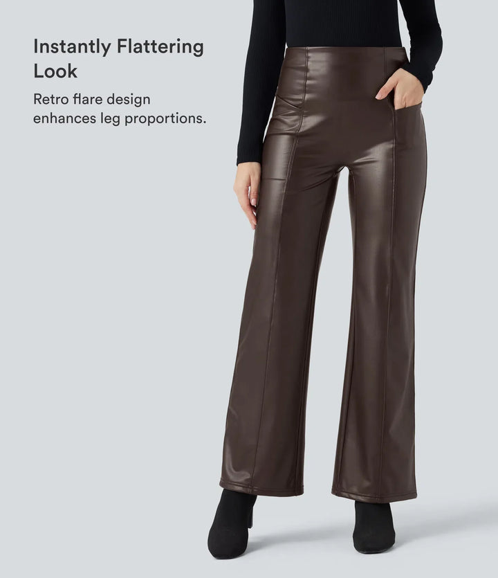 High Waisted Tummy Control Stretchy PU Fleece Casual Flare Trousers with Pockets