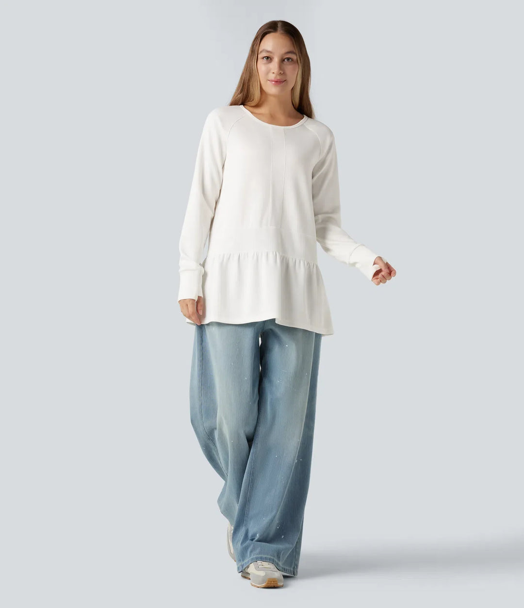 Round Neck Long Sleeve Thumb Holes Ruffle Hem Casual Sweatshirt