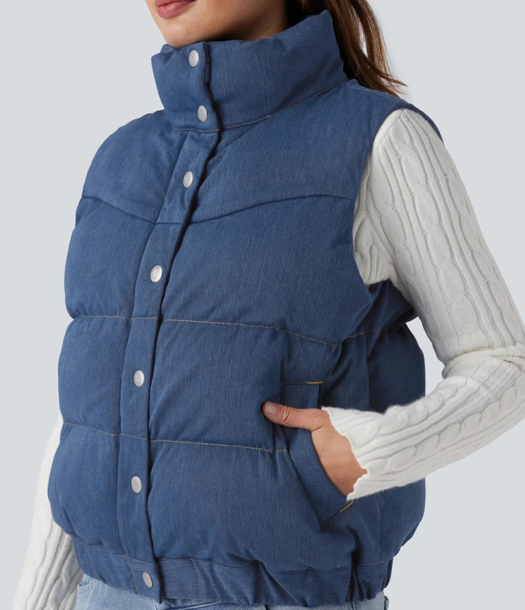 Halara Flex Denim Stand Collar Casual Puffer Vest with Pockets