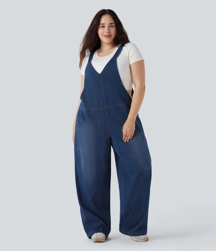 Halara Flex V Neck Washed Denim Casual Plus Size Dungarees with Pockets