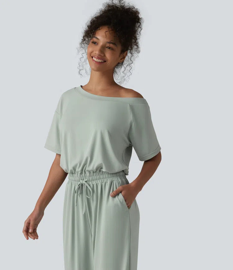Boat Neck Short Sleeve Drawstring Baggy Casual Jumpsuit with Pockets-Easy Peezy Edition