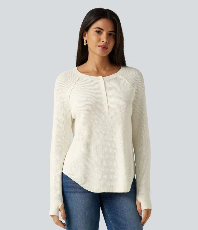 Henley Neck Long Sleeve Thumb Hole Curved Hem Casual Jumper
