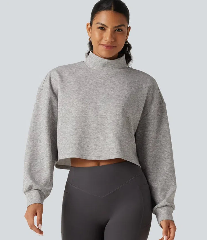 Mock Neck Long Sleeve Relaxed Cropped Casual Sweatshirt