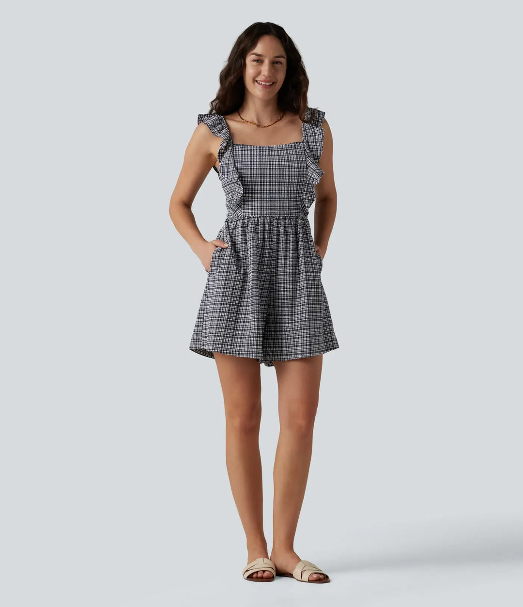 Twisted Backless Ruffle Plaid Crinkle Quick Dry Casual Romper with Pockets-Easy Peezy