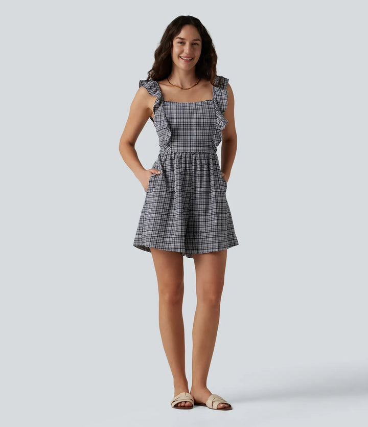 Twisted Backless Ruffle Plaid Crinkle Quick Dry Casual Romper with Pockets-Easy Peezy