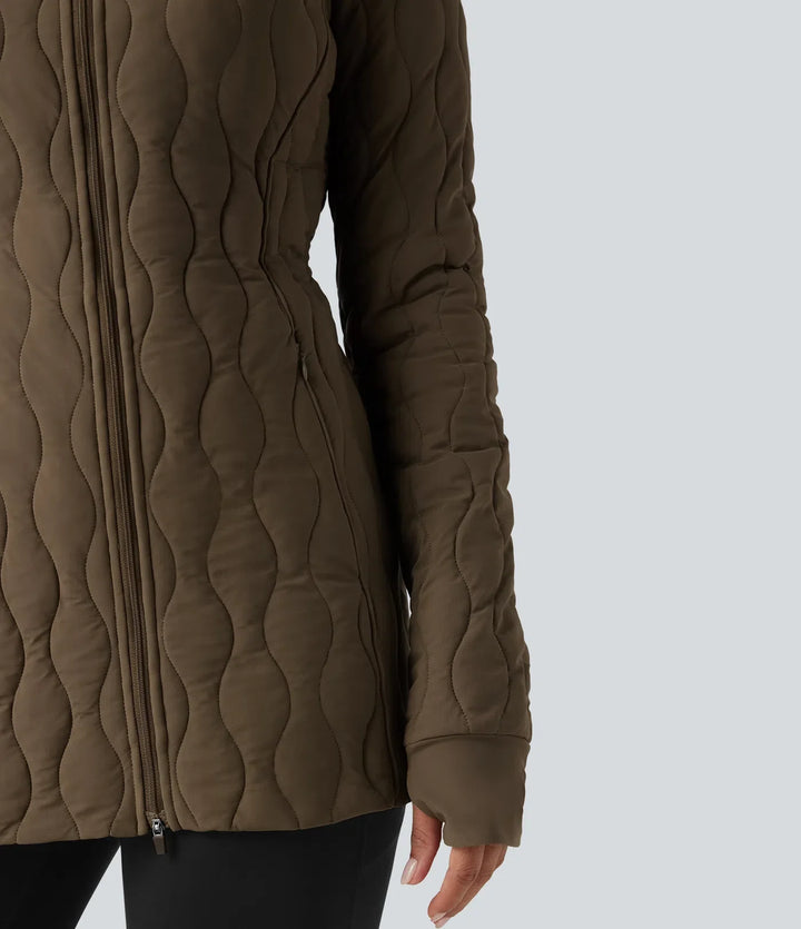 PuffFlex High Neck Long Sleeve Thumb Hole Zipper Workout Quilted Jacket with Pockets