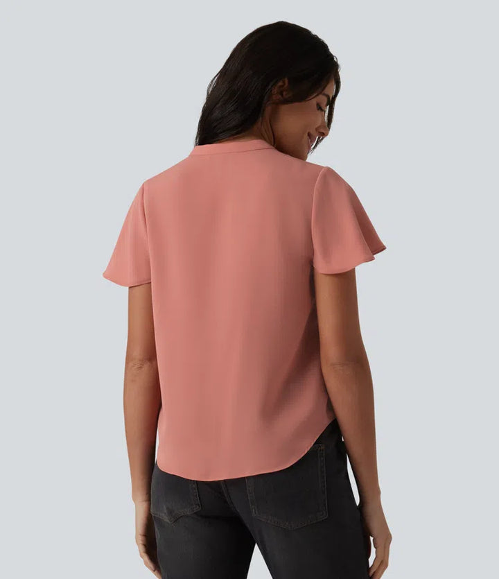 V-neck Flounce Sleeve Curved Hem Casual Blouse