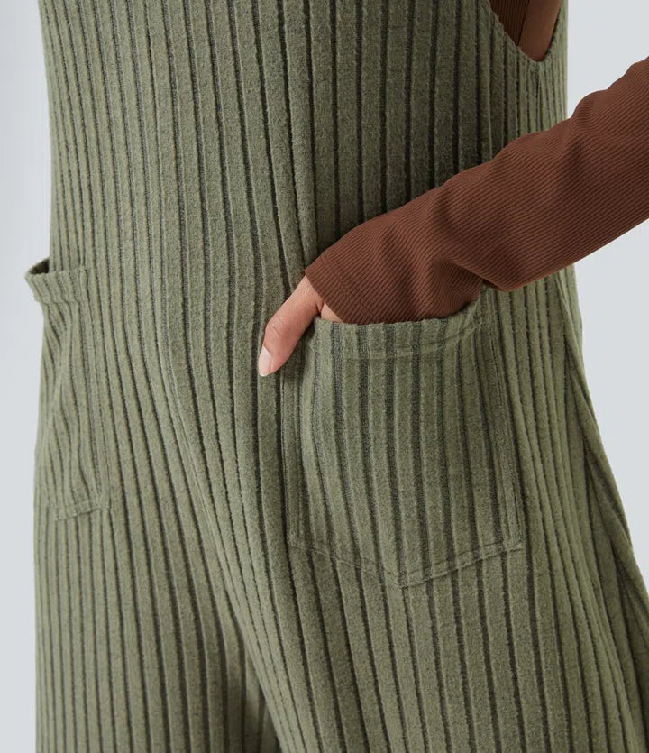 Ribbed Knit Fleece Casual Plus Size Dungarees with Pockets