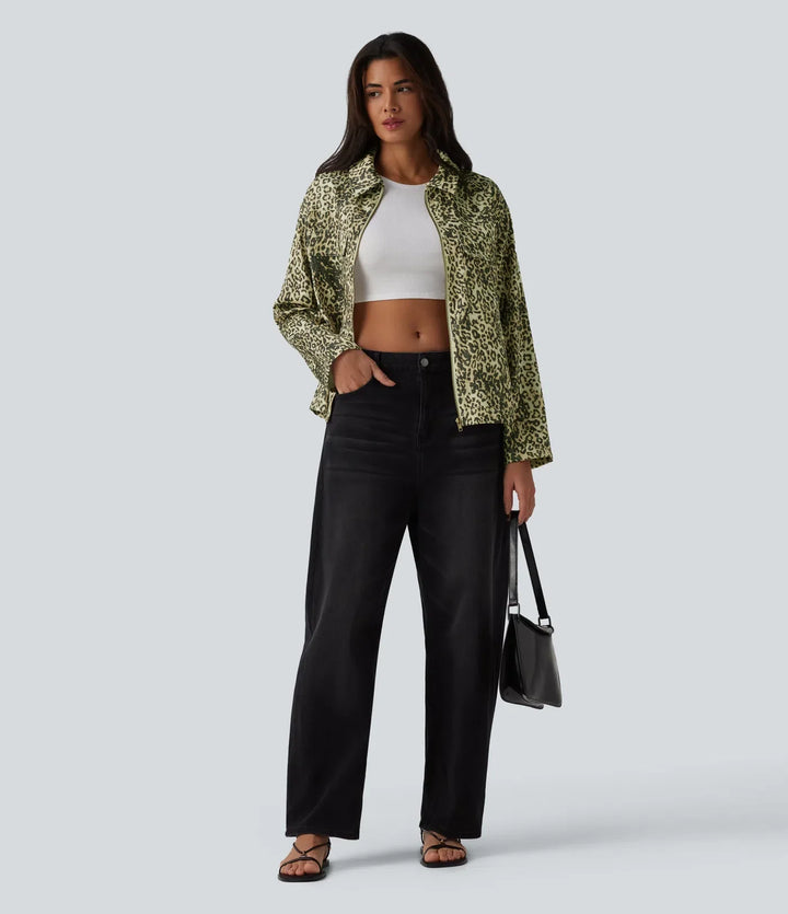 Long Sleeve Zipper Leopard Print Casual Jacket with Pockets