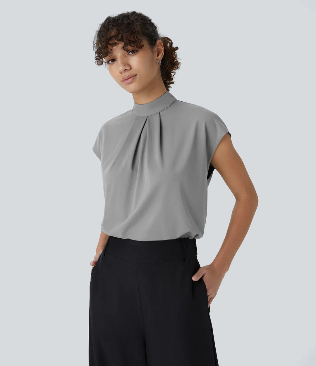Stand Collar Button Back Cap Sleeve Work Blouse