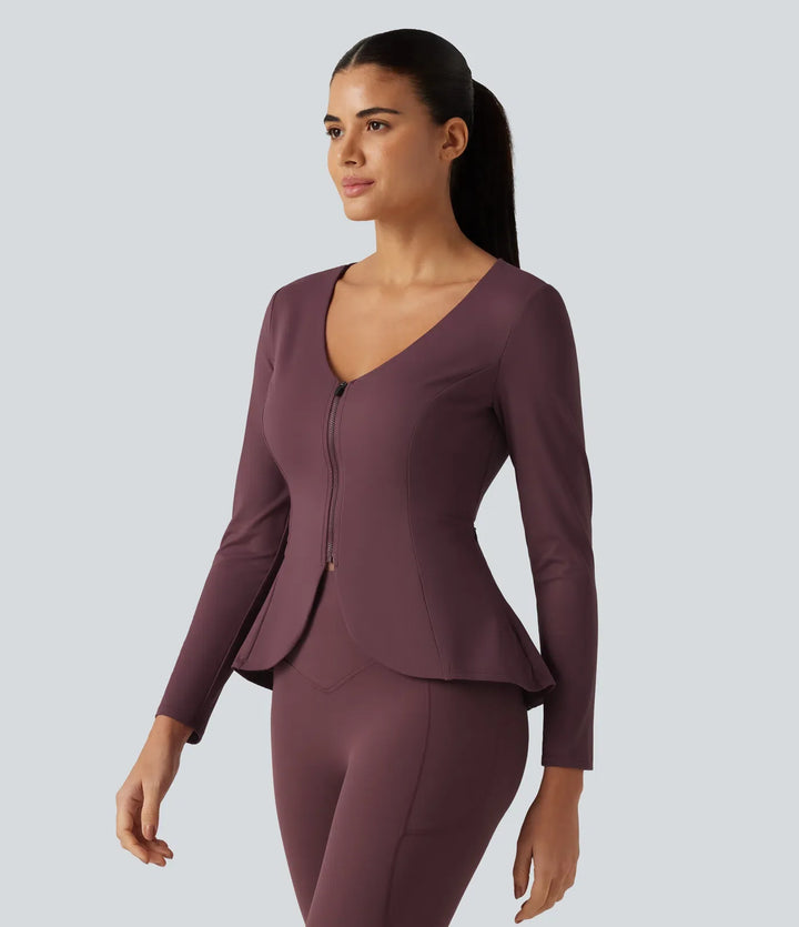 SoftlyZero Plush V Neck Long Sleeve Slim Ruffle Hem Yoga Jacket with Pockets