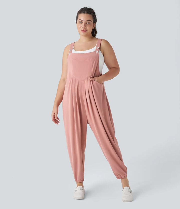 Adjustable Strap Button Multiple Pockets Waffle Casual Plus Size Jogger Dungarees