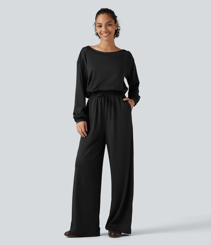 One Shoulder Long Sleeve Drawstring Baggy Casual Jumpsuit with Pockets-Easy Peezy Edition