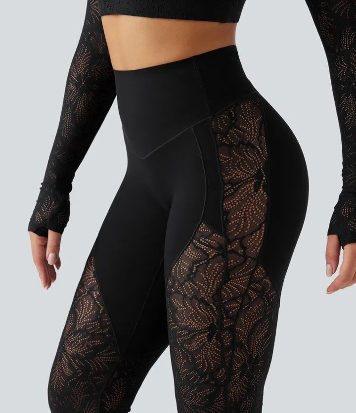 Halara UltraSculpt High Waisted Tummy Control Contrast Lace Yoga Flare Trousers with Pocket