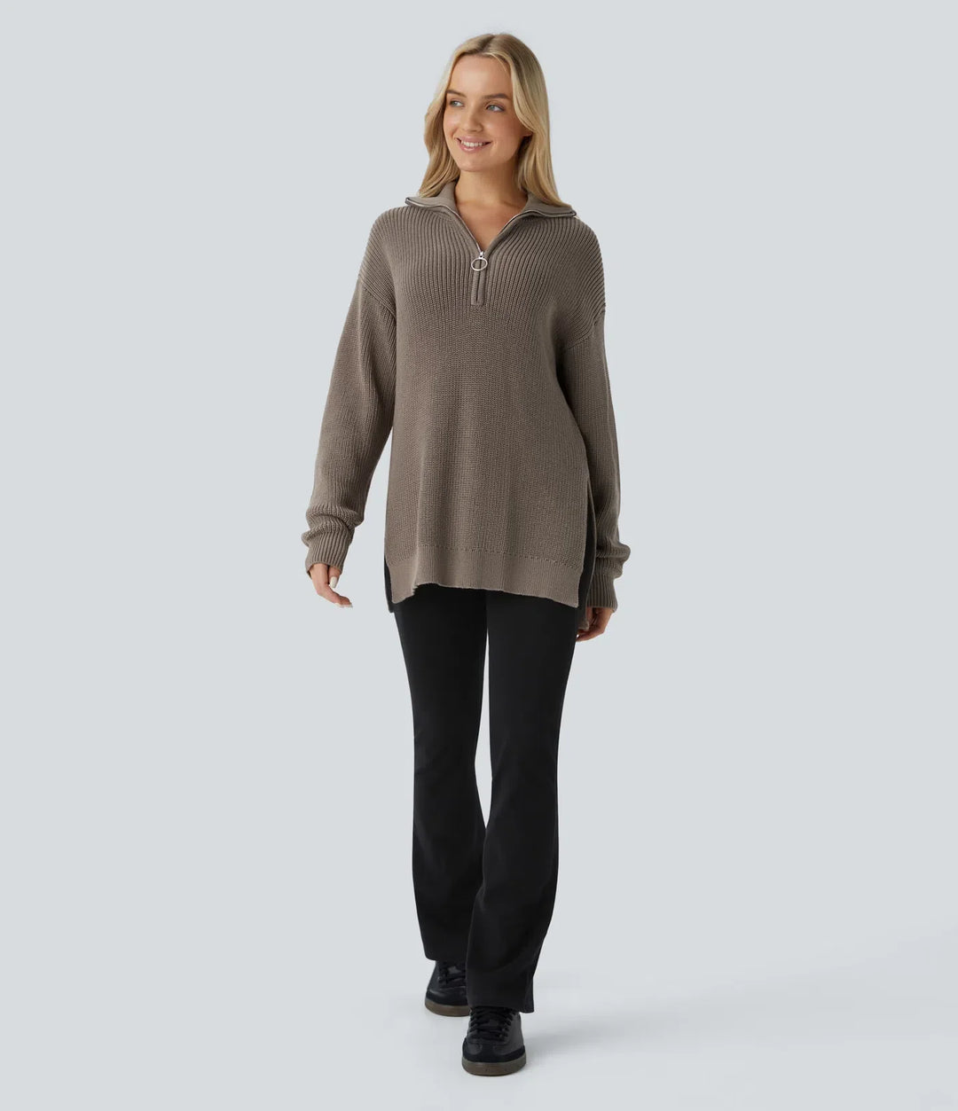 Funnel Neck Half Zip Long Sleeve Casual Jumper