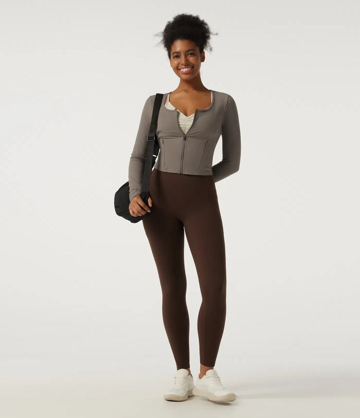 Ribbed Knit Round Neck Long Sleeve Yoga Track Jacket with Pockets and ThumbHoles