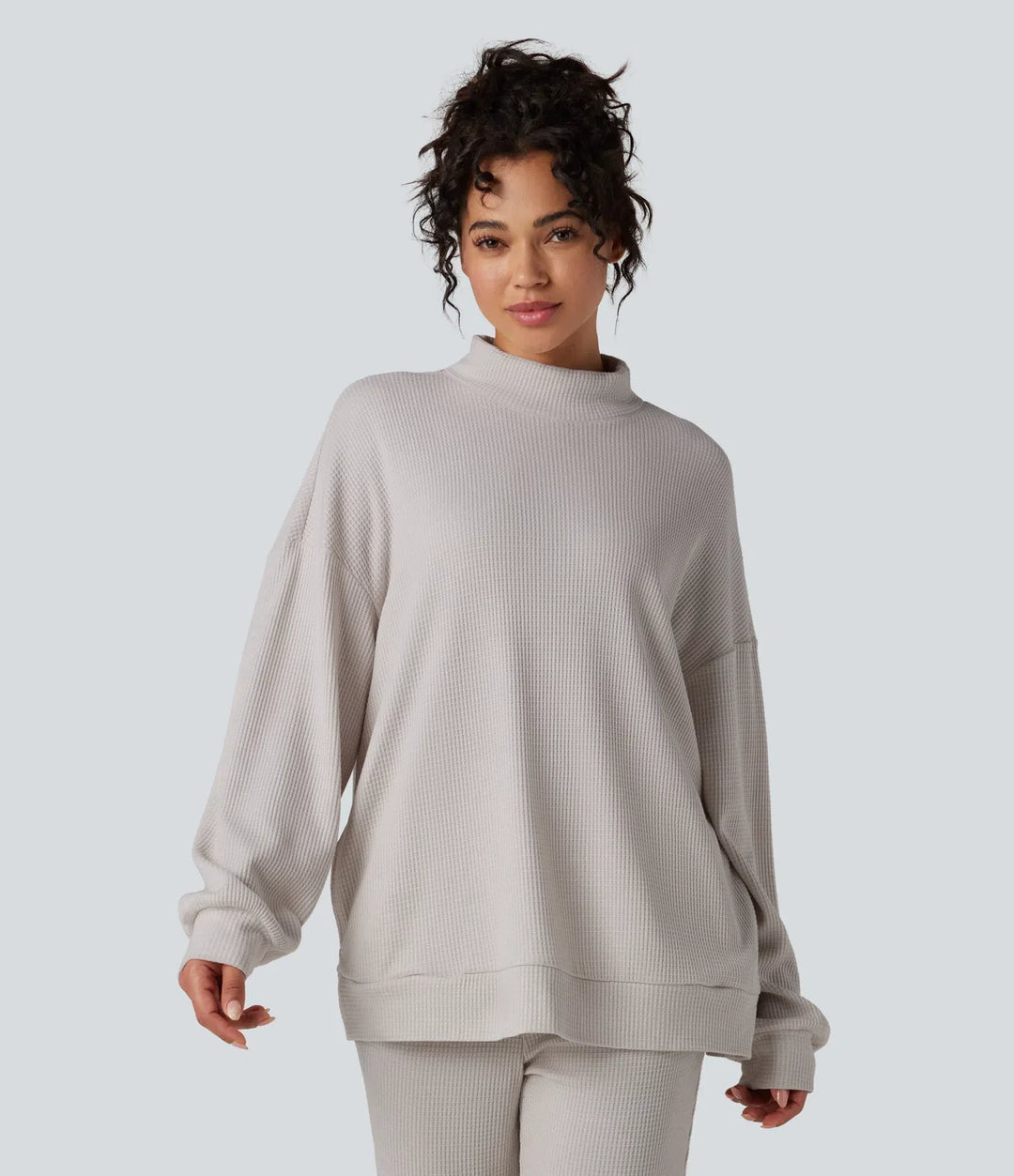 Mock Neck Long Sleeve Relaxed Waffle Casual Sweatshirt with Pockets