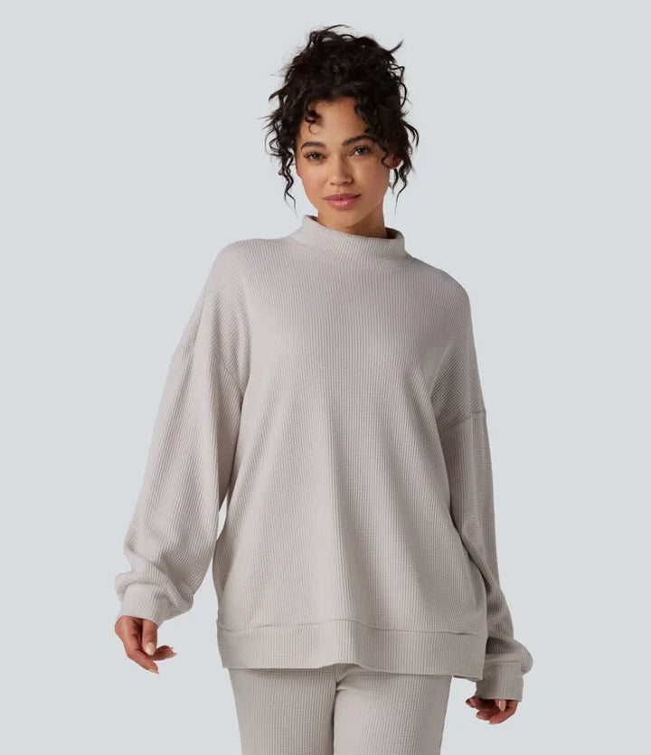 Mock Neck Long Sleeve Relaxed Waffle Casual Sweatshirt with Pockets