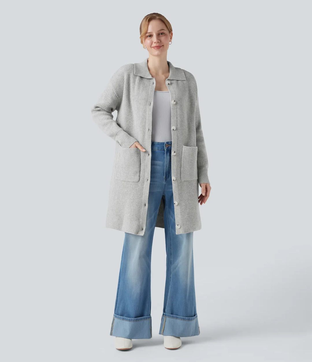 Collar Long Sleeve Button Fly Casual Longline Cardigan with Pockets