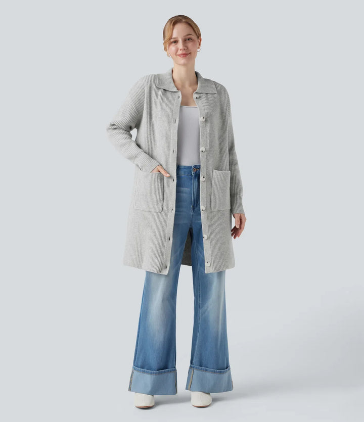 Collar Long Sleeve Button Fly Casual Longline Cardigan with Pockets