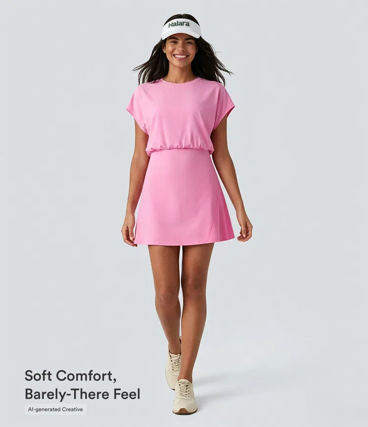 SoftlyZero Airy Round Neck Short Sleeve 2-in-1 InstantCool Mini Yoga Active Dress with Pockets-Easy Peezy Edition