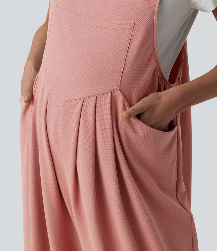 Adjustable Straps Waffle Casual Maternity Dungarees with Pockets
