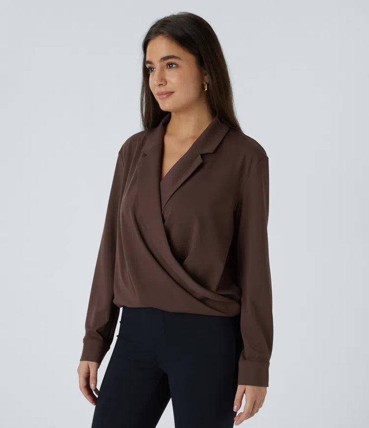 Notched Collar Crossover Long Sleeve Work Shirt