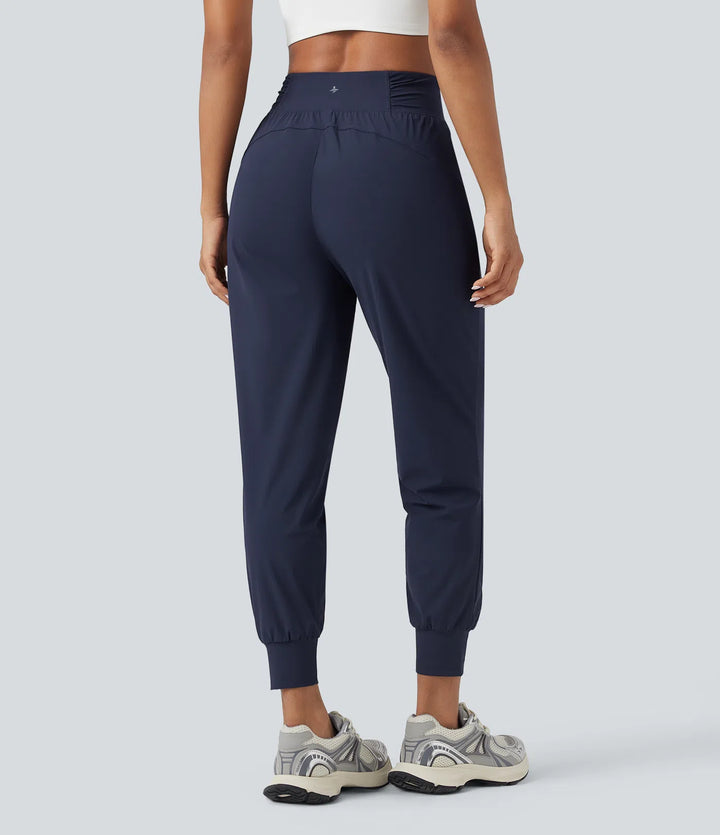 High Waisted Drawstring Ruched Tapered Quick Dry InstantCool Dance Joggers with Pockets-UPF40+