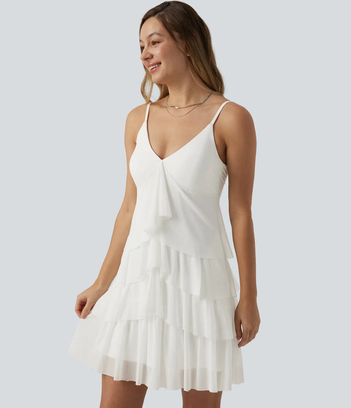 Crisscross Backless Mesh Overlay Built-in Bra Mini Casual Tiered Slip Dress with Pockets
