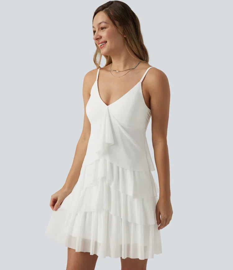 Crisscross Backless Mesh Overlay Built-in Bra Mini Casual Tiered Slip Dress with Pockets