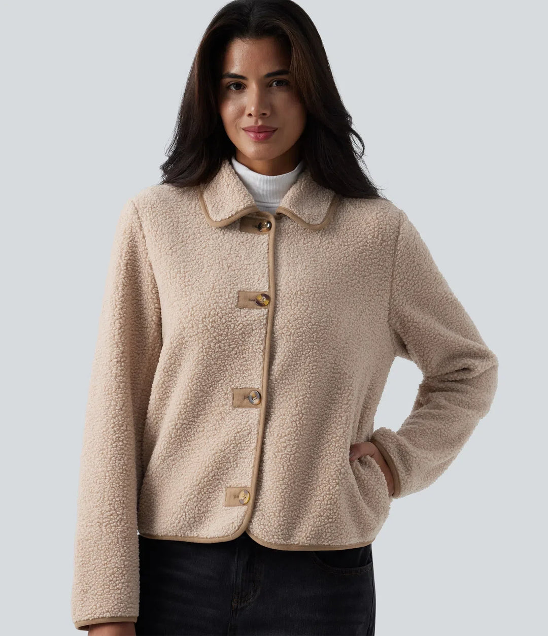Collar Long Sleeve Casual Sherpa Jacket with Pockets