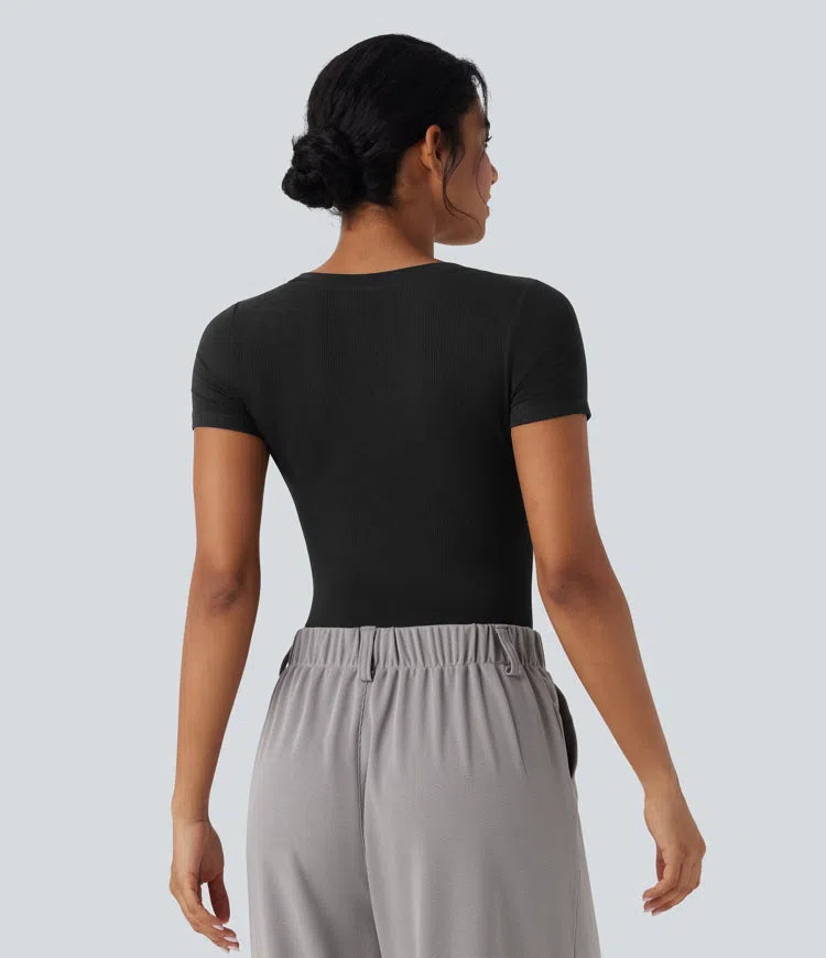 Ribbed Knit V-neck Short Sleeve Work Bodysuit