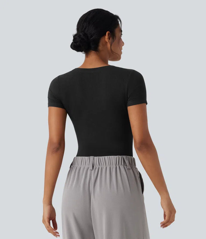 Ribbed Knit V-neck Short Sleeve Work Bodysuit