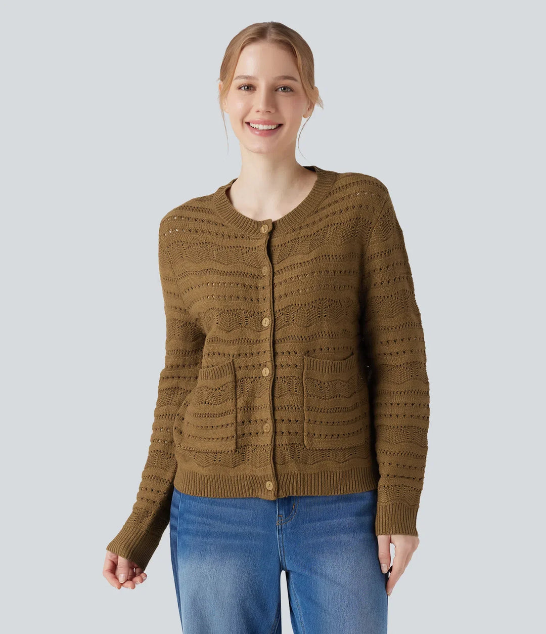 Round Neck Long Sleeve Button Fly Hollow Out Work Cardigan with Pockets
