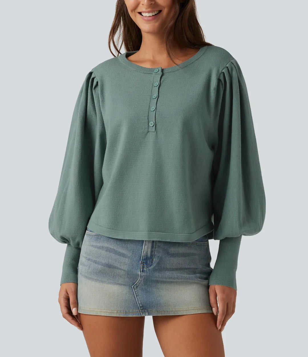 Henley Neck Puff Long Sleeve Relaxed Work Jumper