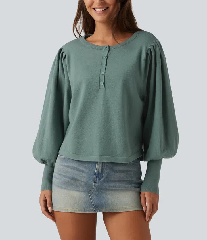 Henley Neck Puff Long Sleeve Relaxed Work Jumper