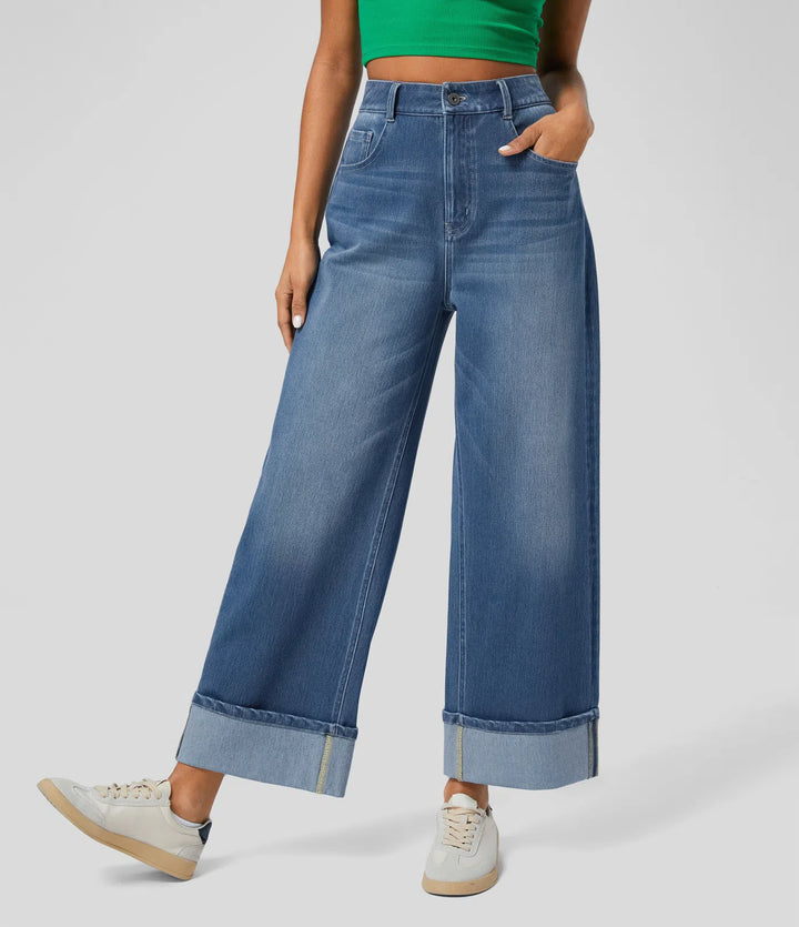 Halara Flex High Waisted Pockets Rolled Hem Wide Leg Washed Casual Jeans